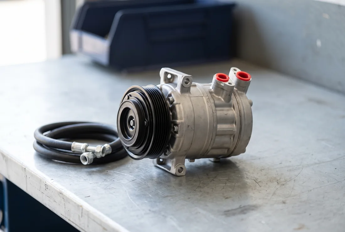 Automotive air conditioning compressor and hoses on a workshop bench