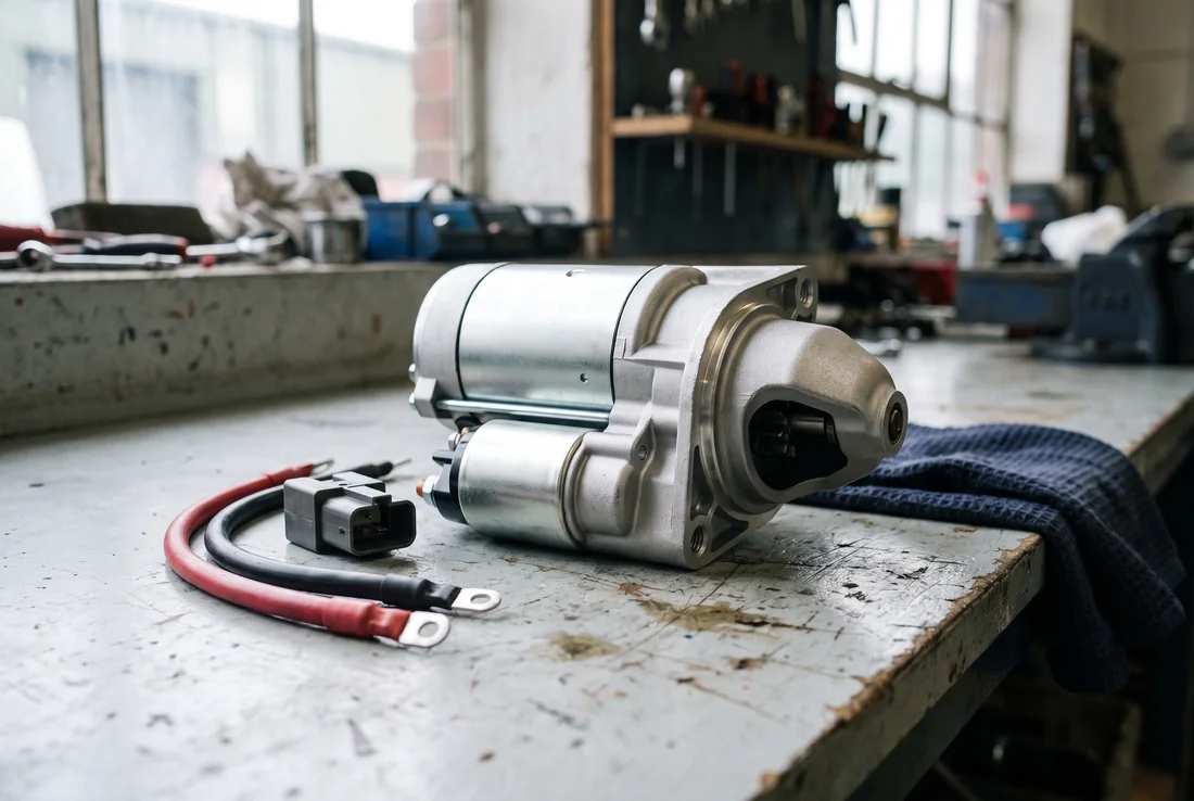 Starter motor and electrical leads on a workshop bench