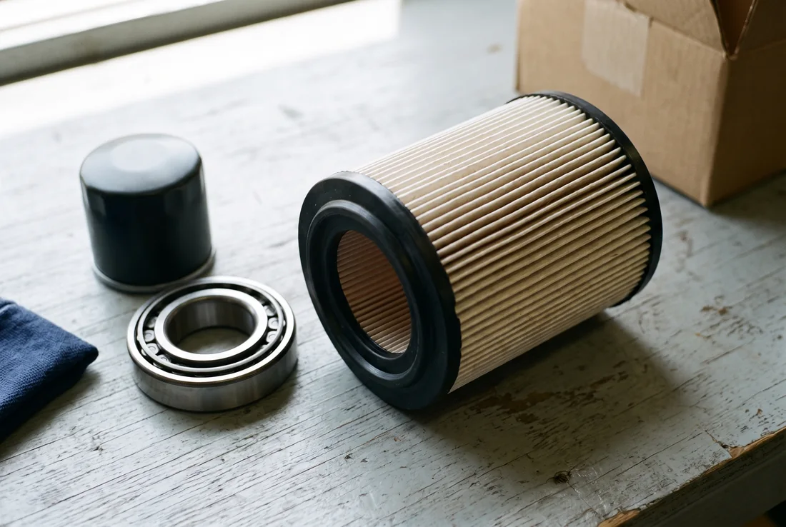 Pleated air filter, oil filter and bearing ready for a service job